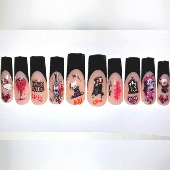 Hand crafted custom print 10pc short acrylic press on nails sz medium Buy 1 set - Picture 1 of 8
